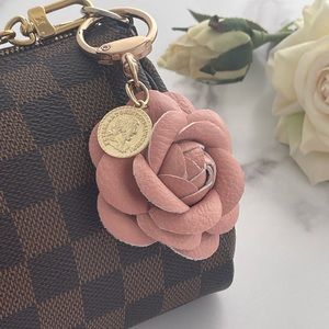Handbag Charm. Rose Gold Faux Leather Camellia Rose.